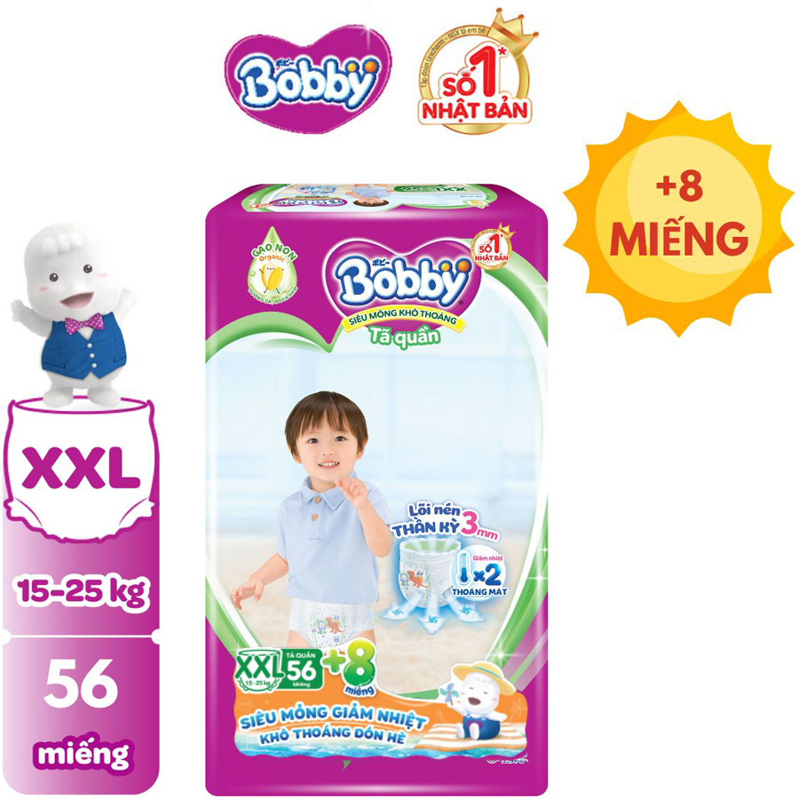 [TẶNG THÊM 8 MIẾNG] Tã quần Bobby Lõi nén thần kỳ 3mm Gạo non XXL56+8