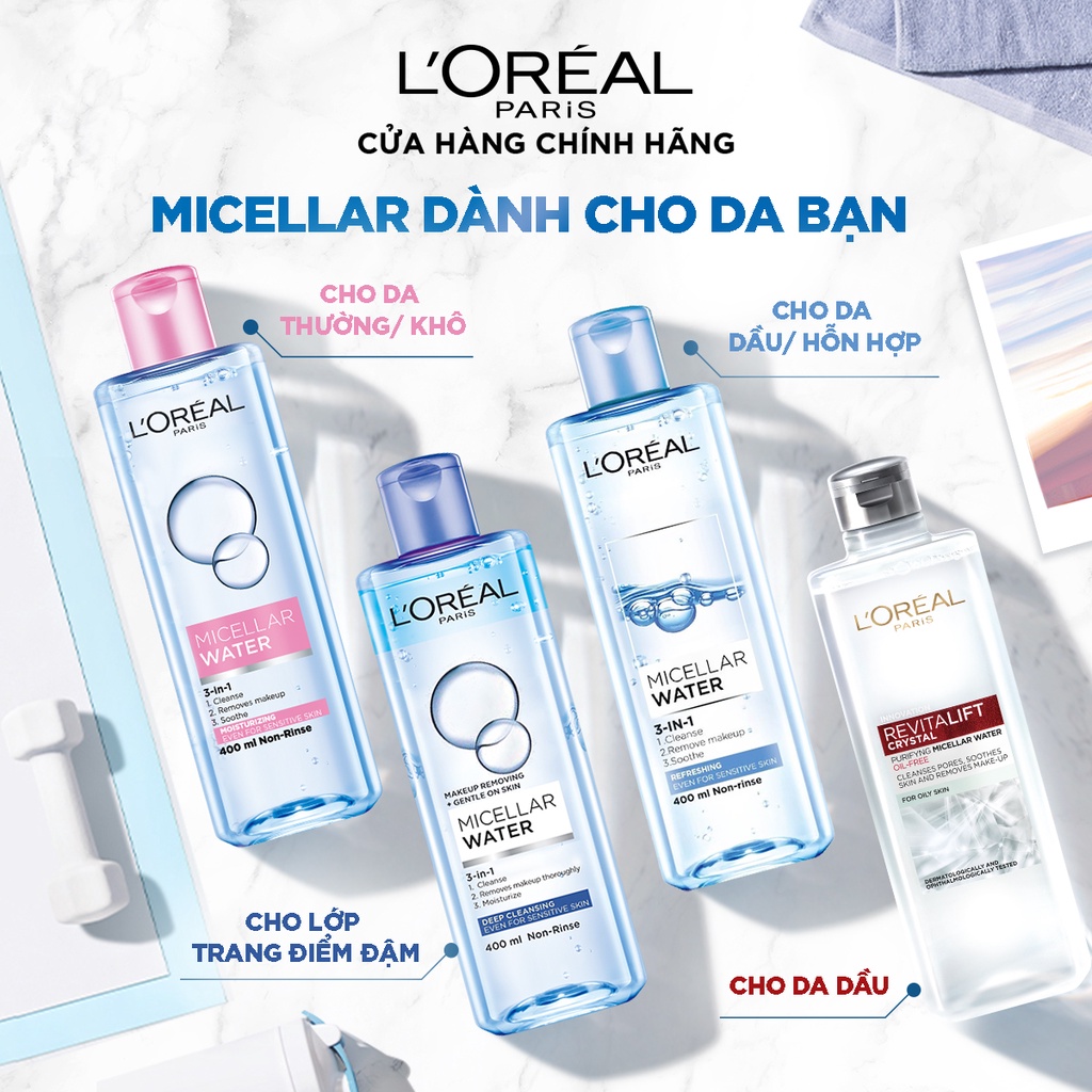 Nước tẩy trang làm sạch, dưỡng ẩm cho mọi loại da L'Oreal 3-in-1 Micellar Water 400ml