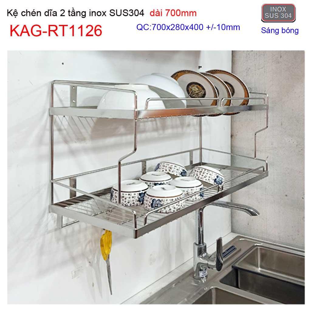 Kệ đựng chén bát inox SUS304, kệ úp chén dĩa 2 tầng dài 70cm KAG-RT1126