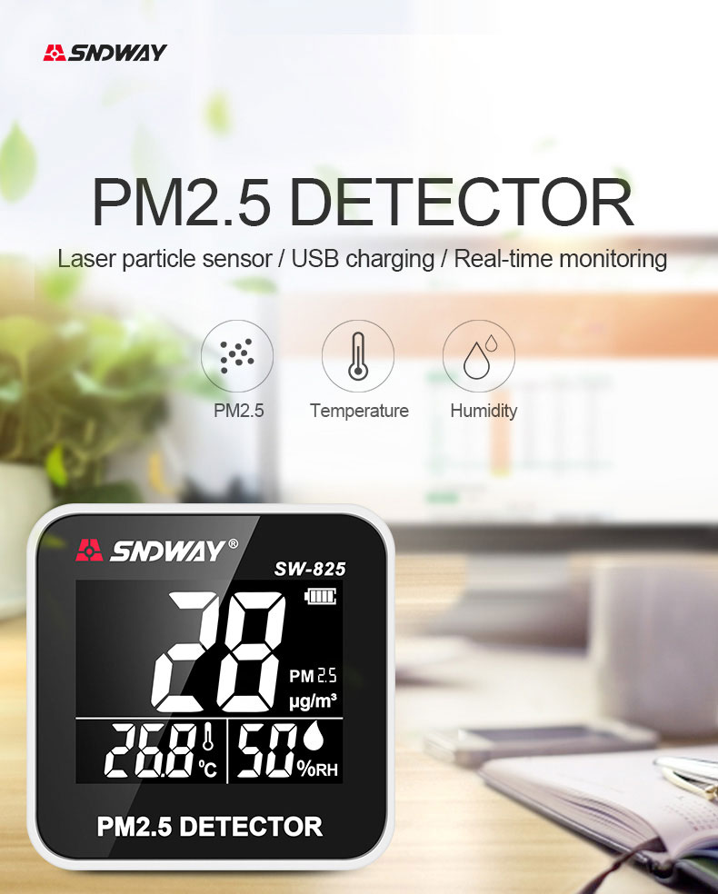 Máy Đo Chất Lượng Không Khí SNDWAY SW-825 - Đo Bụi Siêu Mịn PM2.5 - Đo Nhiệt Độ - Độ Ẩm Thời Gian Thực - Sử Dụng Pin Sạc - Hàng Chính Hãng