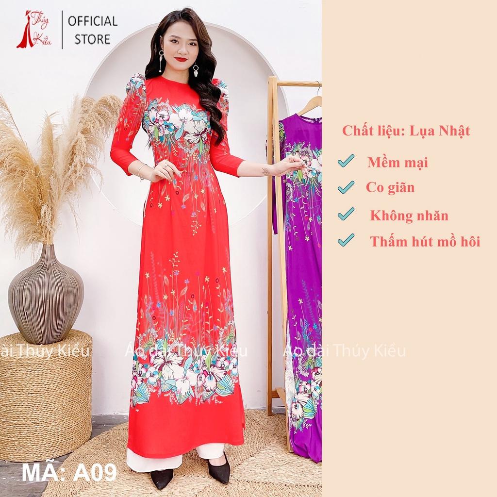Áo dài cách tân thiết kế nữ truyền thống tết may sẵn nền đỏ tay bồng A09 mềm mại, co giãn, áo dài giá rẻ