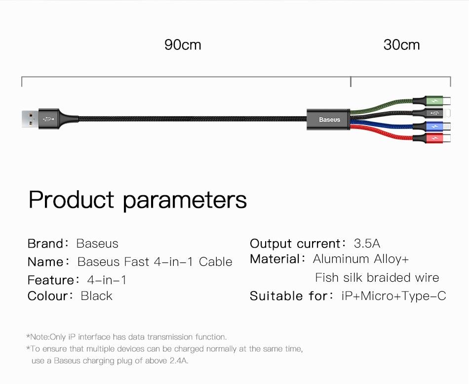Dây sạc 4 IN 1 đa năng của Baseus  (3.5A, 120cm , Fast charge 4 in 1 Cable) cho iPhone/ iPad, Smartphone Android  - Hàng chính hãng