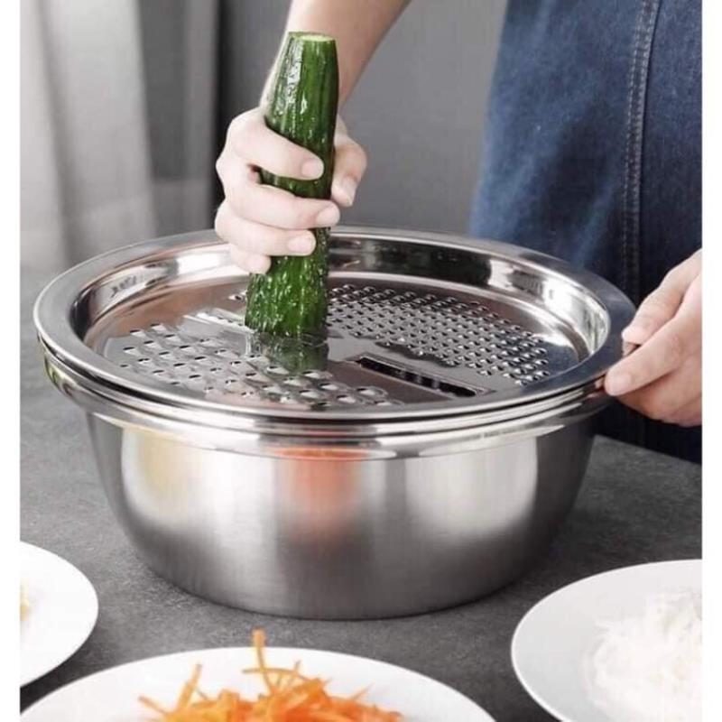 Dụng cụ nhà bếp thông minh bộ nạo rau củ quả Nhật Bản kiêm rổ và chậu inox cao cấp đa năng tiện lợi MiibooShi S2200