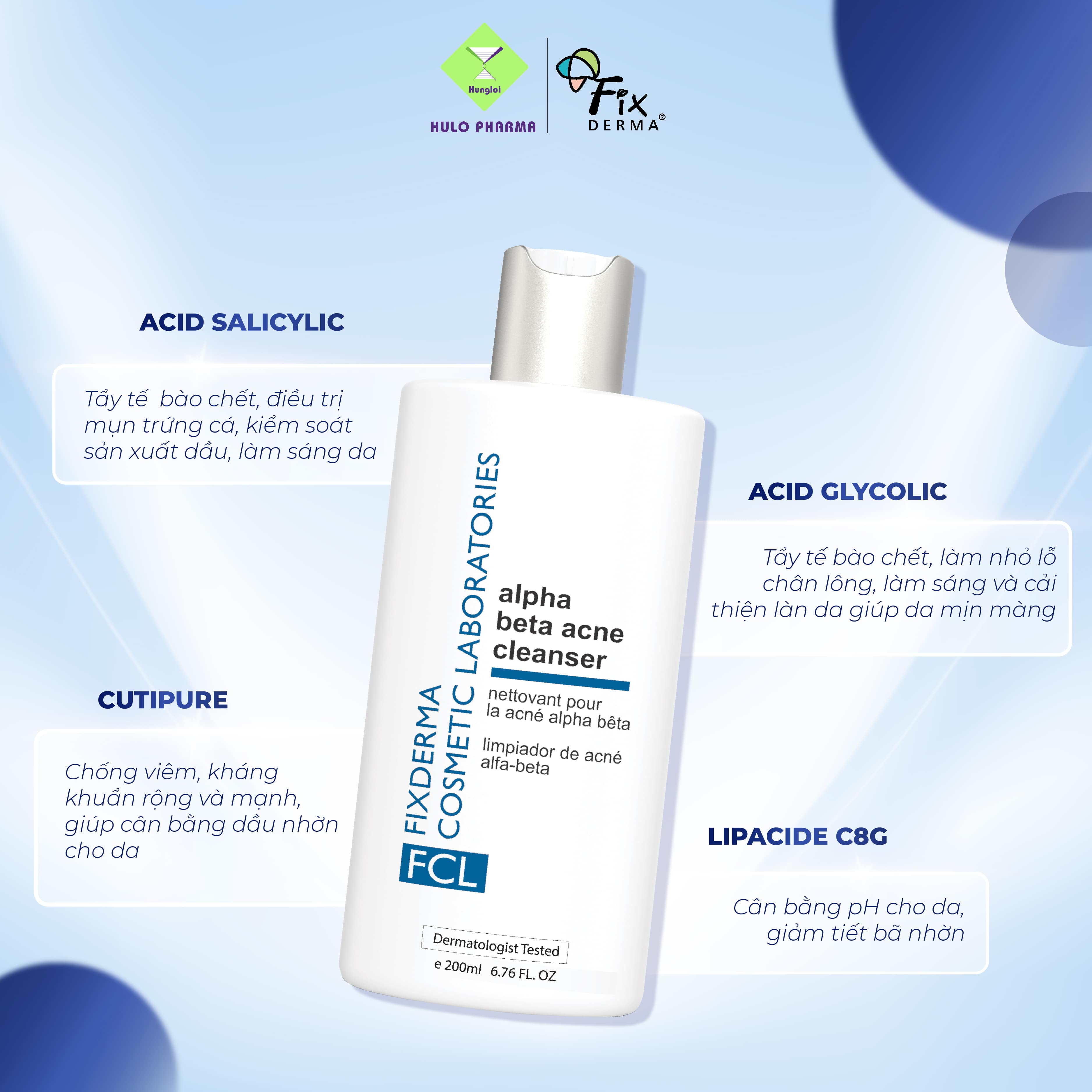 Sữa Rửa Mặt Làm Giảm Mụn Fixderma FCL Alpha-Beta Acne Cleanser - 200ml