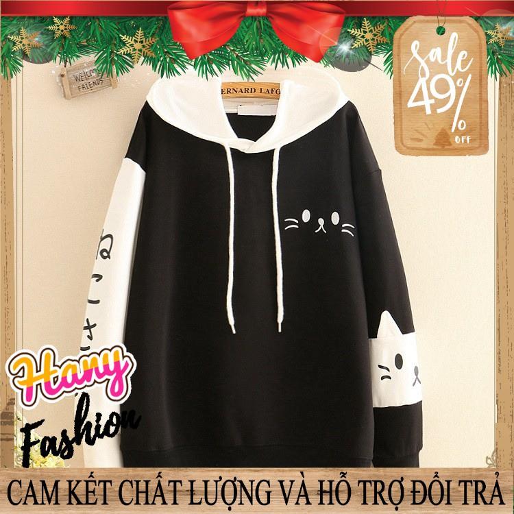 Áo khoác nỉ tay dài in hình mèo con có nón phía sau || Hany Shop
