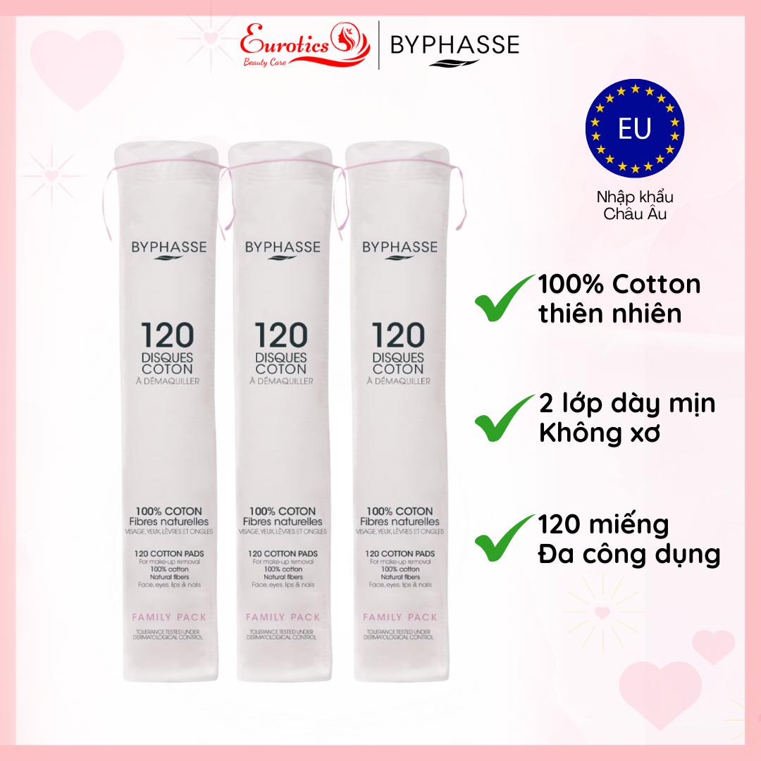 Bông Tẩy Trang Byphasse 120 Miếng Chính Hãng – Mềm Mịn, Không Xơ, Phù Hợp Mọi Loại Da