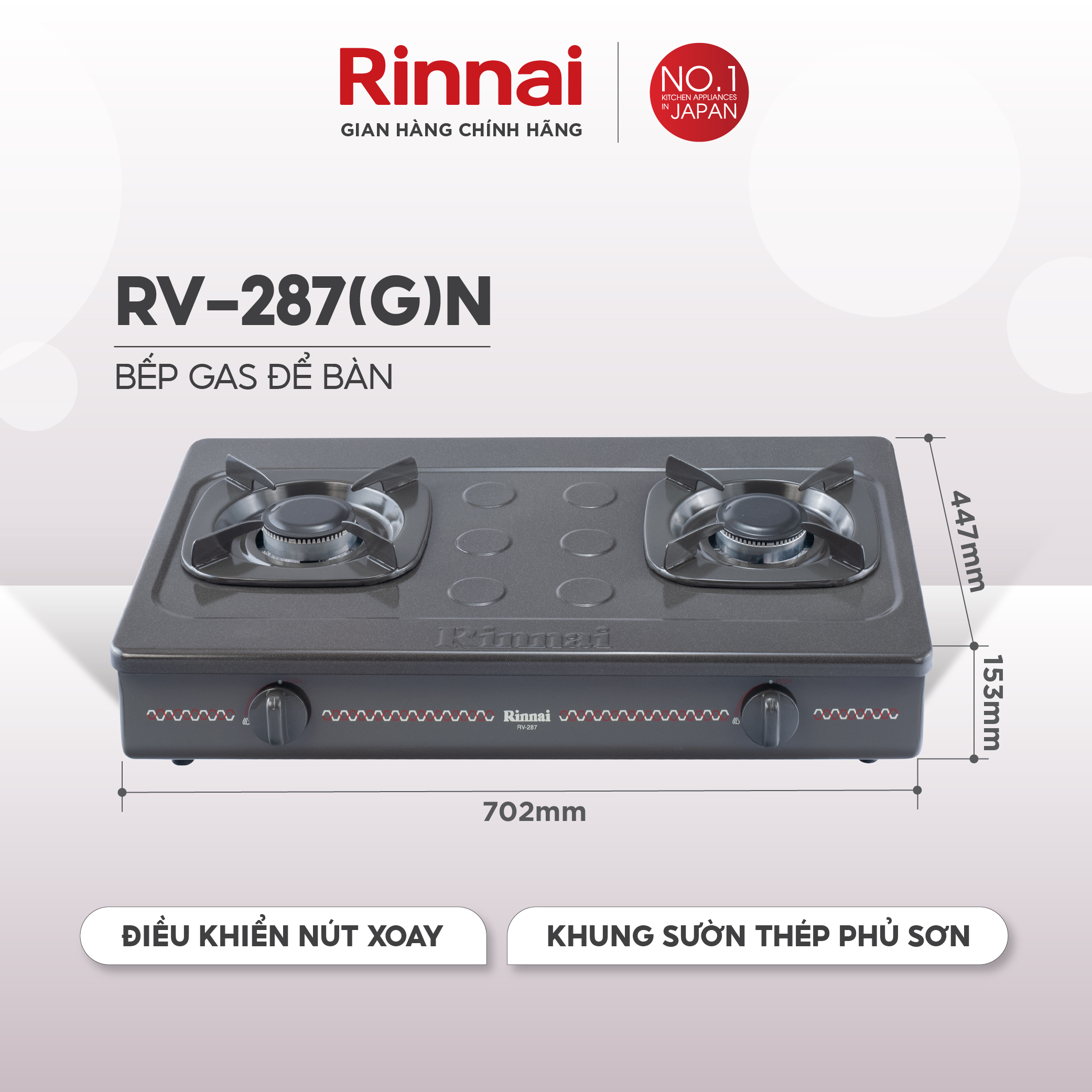 Bếp gas dương Rinnai RV-287(G)N mặt bếp men và kiềng bếp men - Hàng chính hãng.