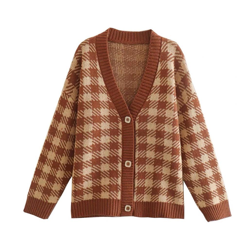 MS822 Áo khoác cardigan nữ kẻ caro siêu dày khuy vuông Hàn Quốc