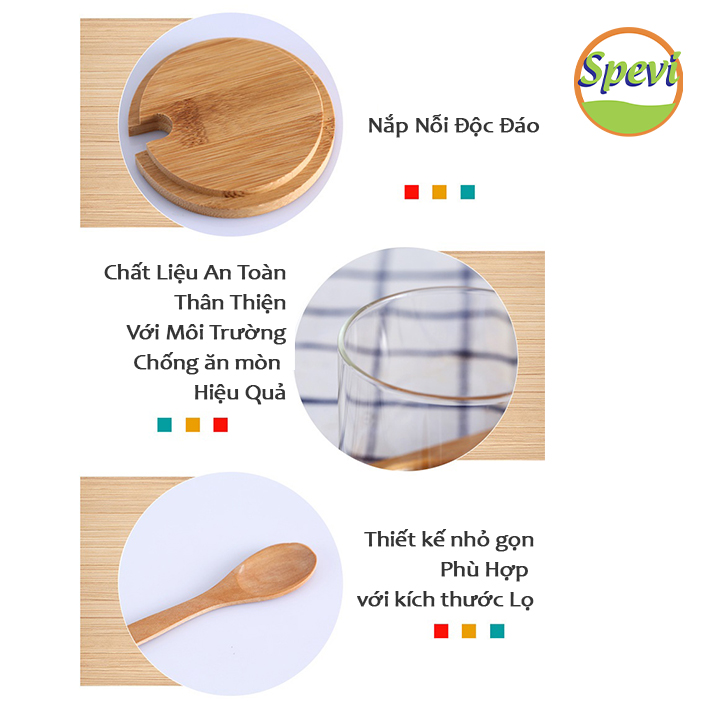 Bộ Hũ Đựng Gia Vị Thủy Tinh Có Muỗng SPEVI Nắp Đậy Bằng Tre Đa Năng, Thiết Kế Sang Trọng - Hàng Chính Hãng