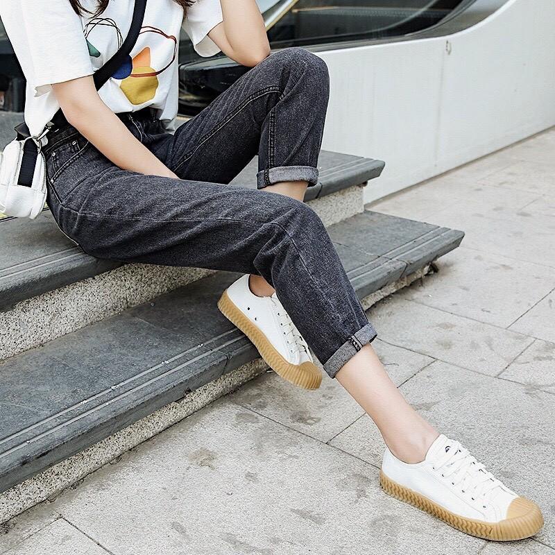 Quần jean baggy cotton lưng cao bigsize màu xám - quần bò baggy cotton lưng cao size đại màu xám