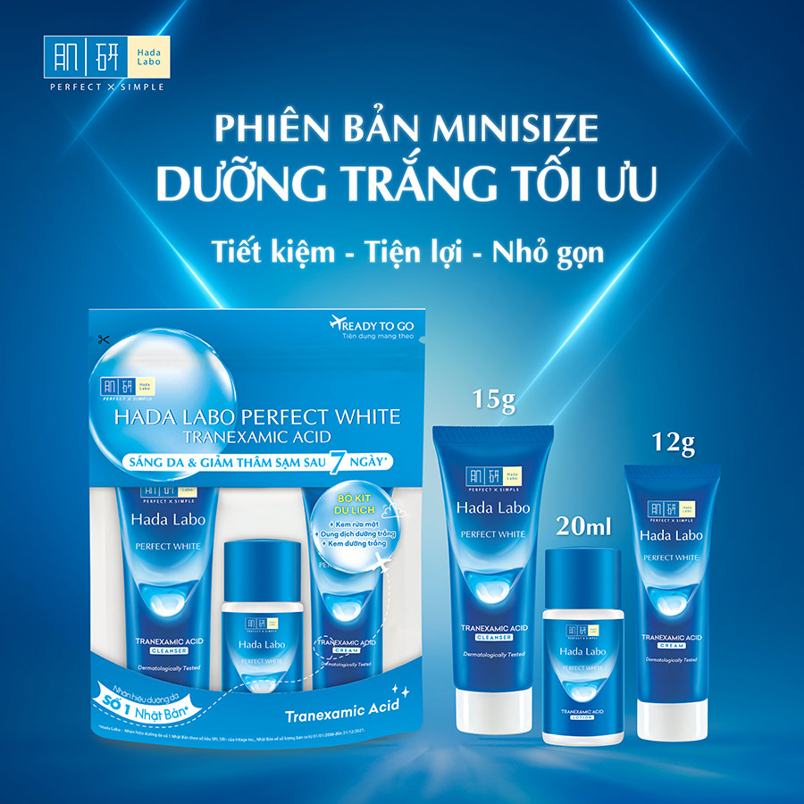 Bộ travel size dưỡng trắng Hada Labo Perfect White Tranexamic Acid Travel Set (Kem rửa mặt 15g+Dung dịch dưỡng 20ml+Kem dưỡng 12g)