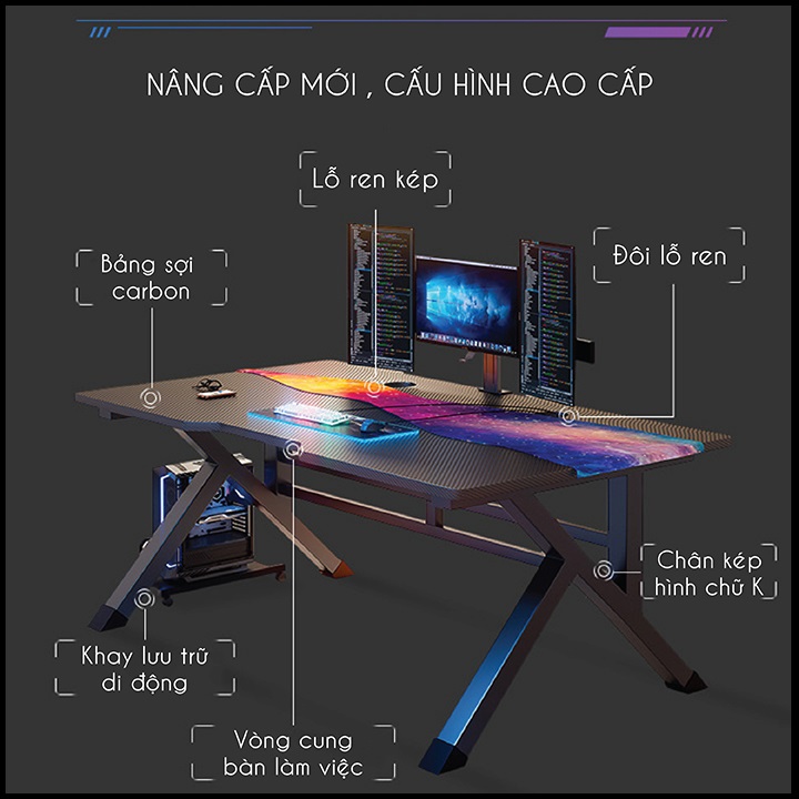 Bàn Làm Việc, Bàn Gaming Chữ K. Mặt Phủ Sợi Cacbon. KT 120 x 60 x 75cm (Dài x Rộng x Cao)