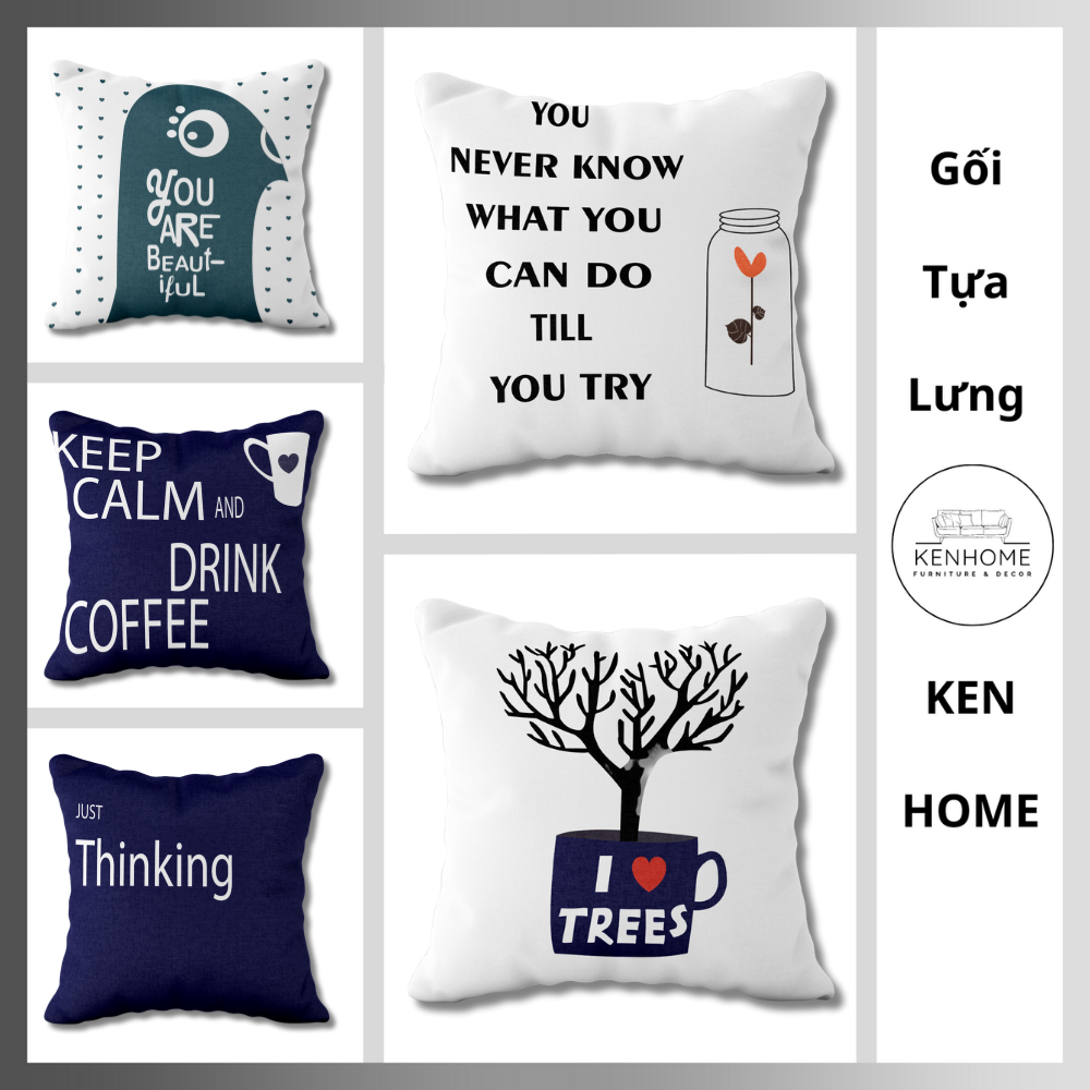 Gối Sofa Thinking Và Coffee - Gối Tựa Lưng Sofa Họa Tiết Đơn Giản Trang Trí Nhà Cửa, Cà Phê - Vải Bố Cao Cấp - Kích Thước 45x45cm