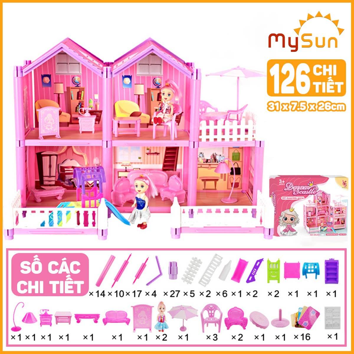 Mô hình lâu đài ngôi nhà búp bê công chúa đồ chơi xếp ghép hình cho bé gái 2 3 4 5 6 tuổi MySun