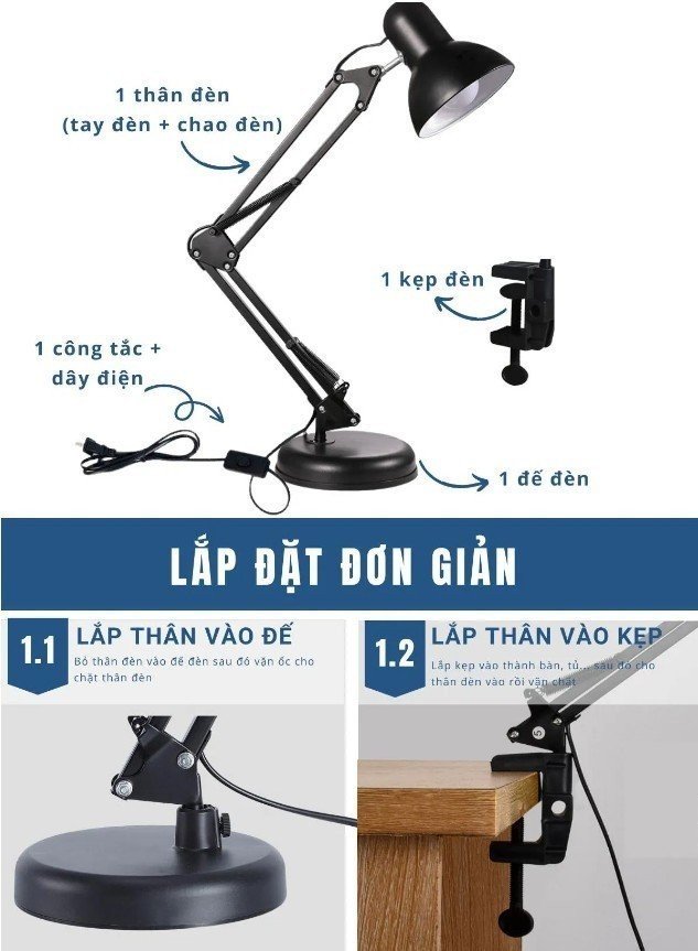 Đèn để bàn có đế kẹp cạnh bàn 2 in 1 chuyên dùng để học, làm việc, đọc sách, đèn ngủ,.... cho nam và nữ dễ dàng điều chỉnh xoay 360 độ, thiết kế sang trọng hiện đại