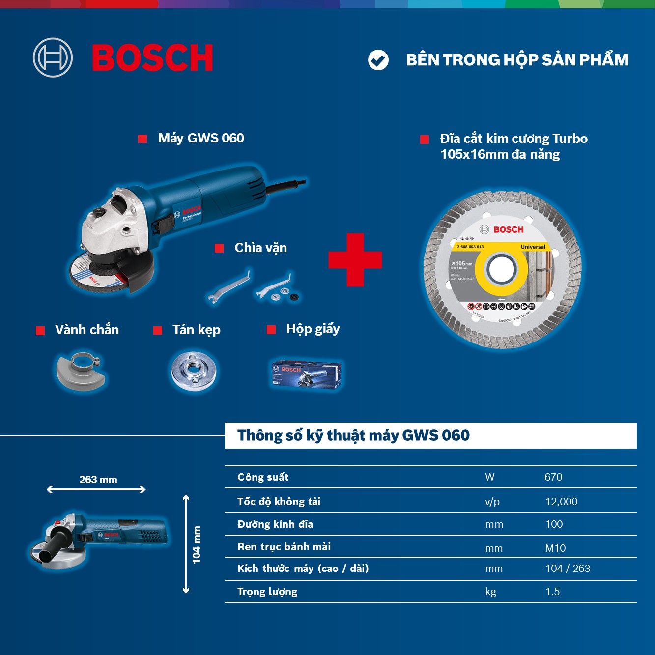 Combo Máy mài góc Bosch GWS 060 và Đĩa cắt kim cương Turbo 105x16mm đa năng