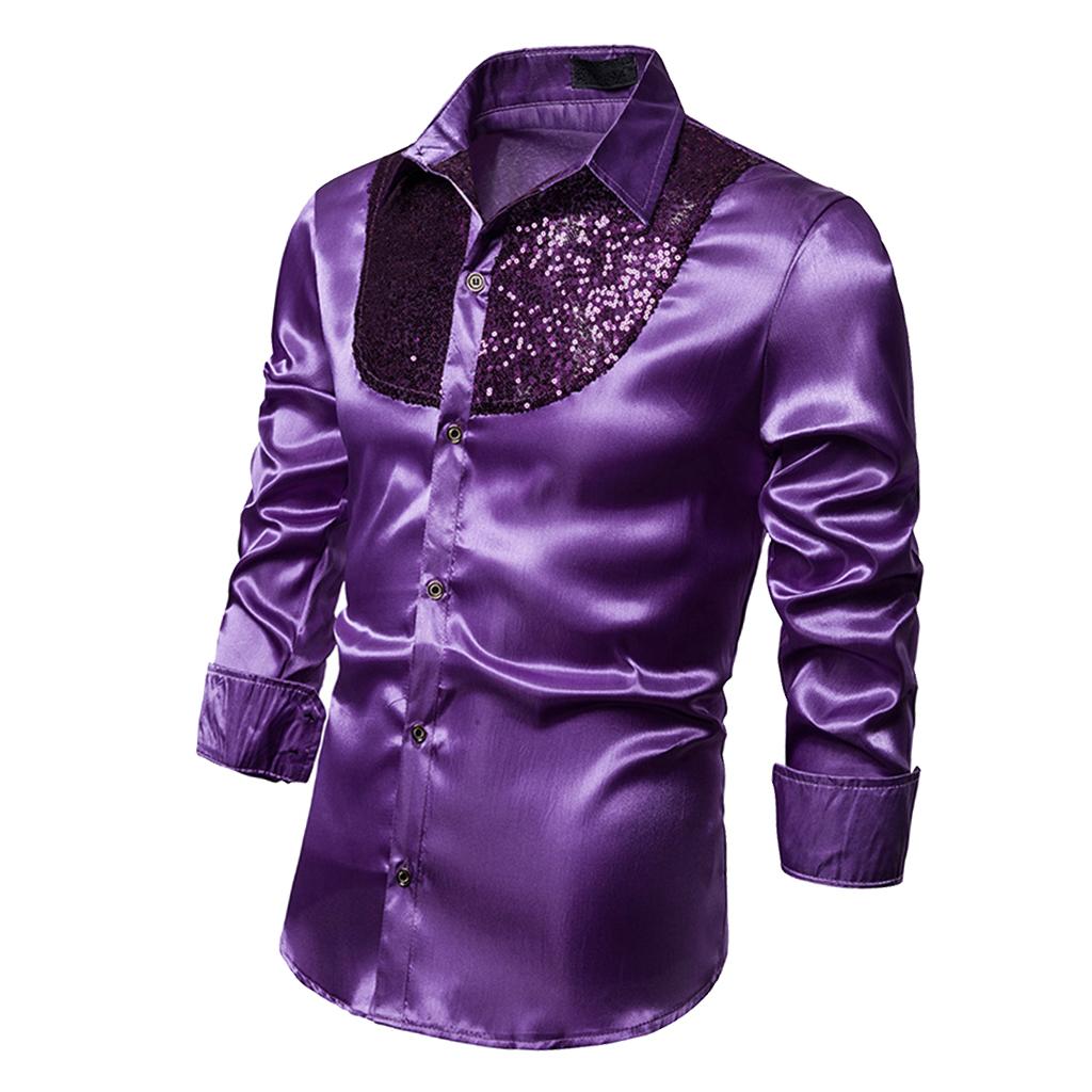 Mens Fashion Button Down Shirts Long Sleeve Sequins Tops Shirt M