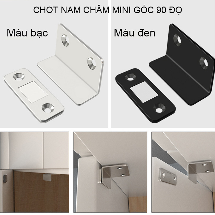 Chốt nam châm mini góc 90 độ lắp cho cánh cửa tủ, ngăn kéo bàn, có băng dính 2 mặt và vít kèm theo