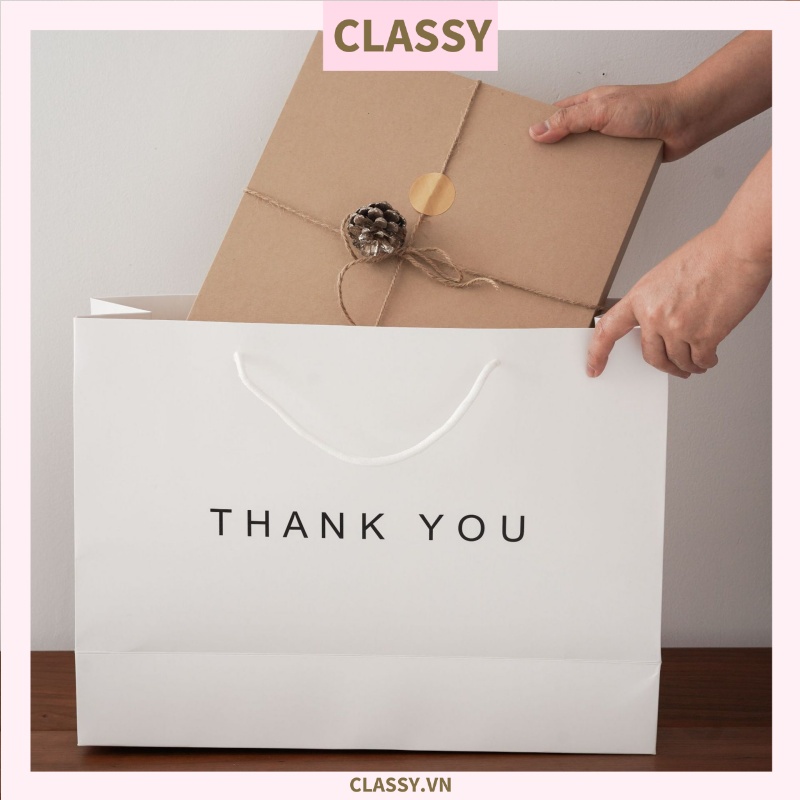 Túi giấy kraft Classy Thank You có quai xách màu trắng, nhiều kích cỡ lựa chọn Q1352