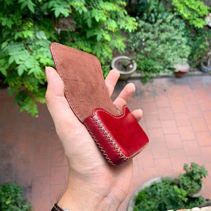 Bóp đựng thẻ - đồ da handmade - da bò - màu đỏ đô DT415
