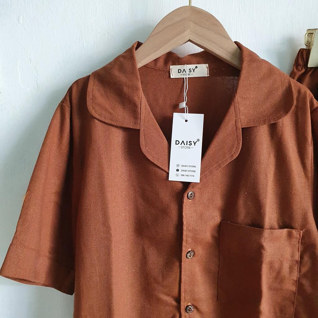 Pyjama đùi linen nâu trơn