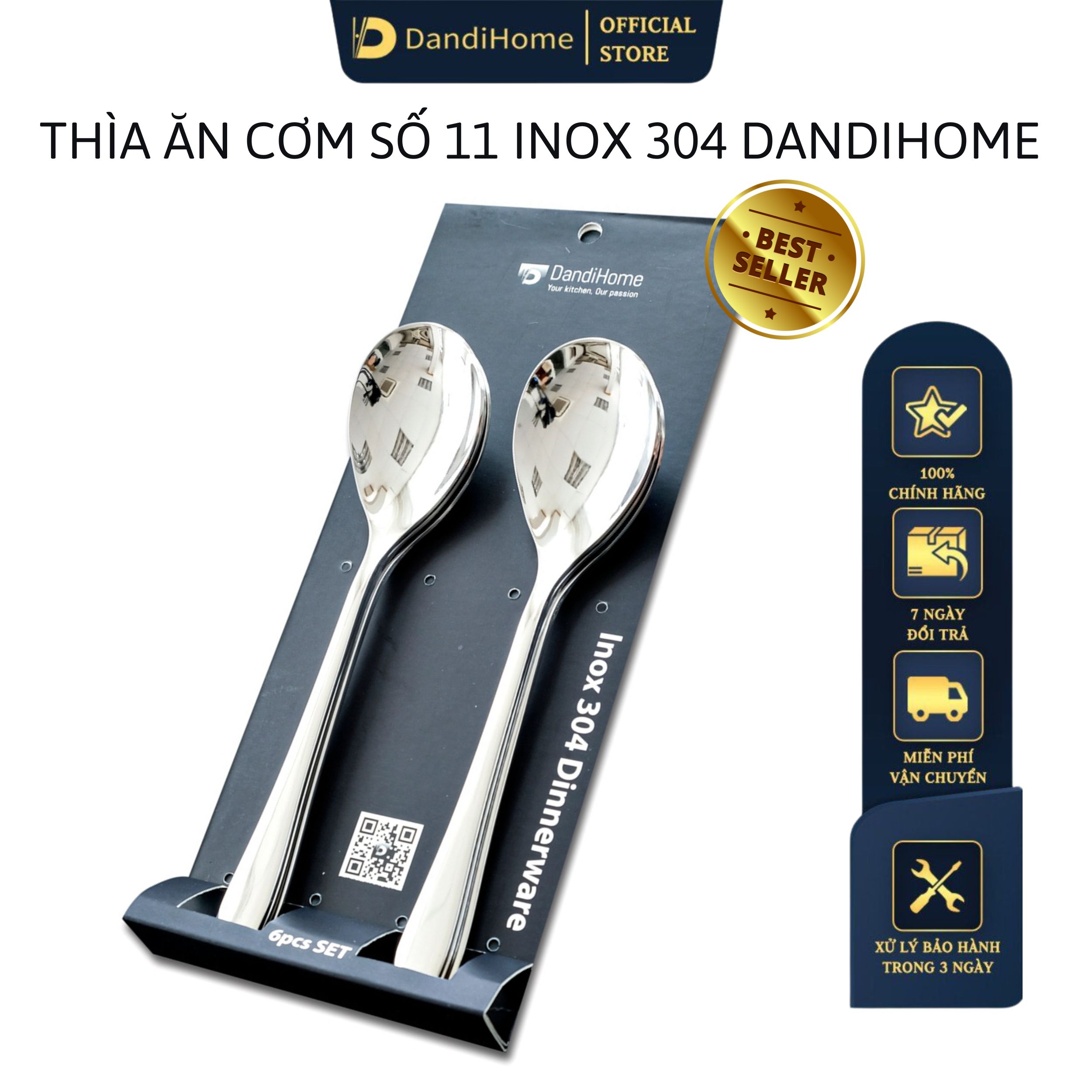 Bộ 6 thìa Inox 304 cán dài kiểu châu Á