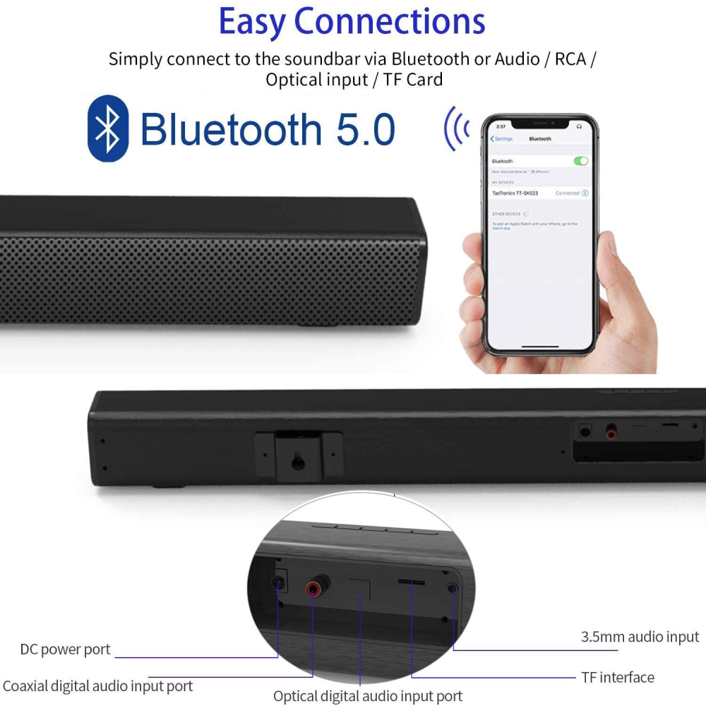 Soundage TV 50W Soundbar Có dây và không dây Bluetooth 5.0 Thanh âm thanh vòm Loa âm thanh nổi Rạp hát tại nhà Soundbars Treo tường Màu sắc: Đen