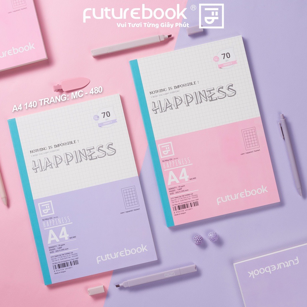 Sổ May Chỉ Dán Gáy Happiness A4- Dòng kẻ Caro- 70GSM- Phong cách Nhật Bản. VPP FUTUREBOOK. Giao mẫu ngẫu nhiên.