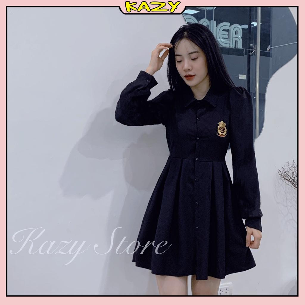 Váy sơ mi logo khoét lung thắt nơ tay dài KAZY STORE V023