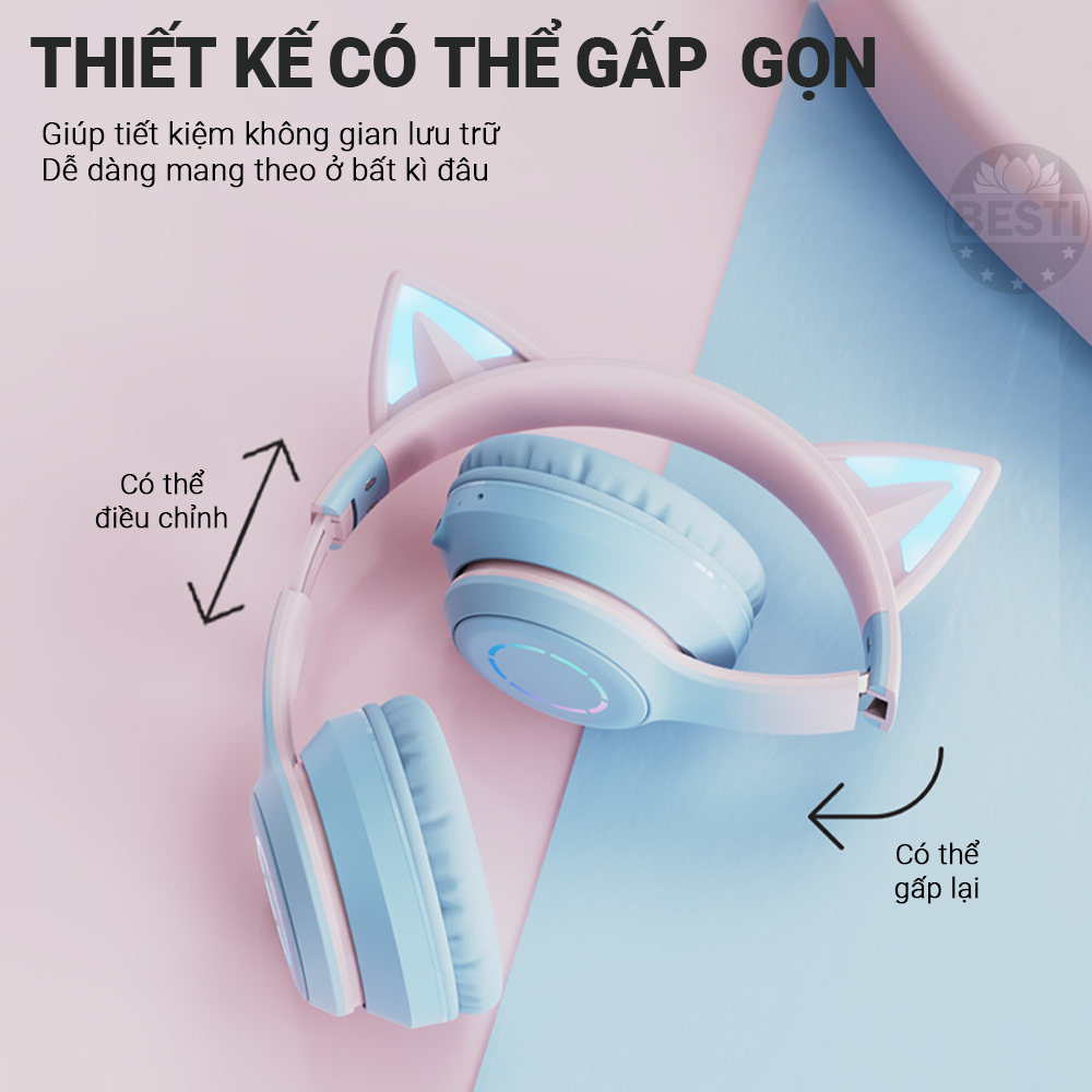 Tai Nghe Chụp Tai Bluetooth Không Dây Gaming, Tai Nghe Mèo Bluetooth Chụp Tai Có Mic Đàm Thoại Tiện Lợi, Tai Nghe Bluetooth Có Đèn LED , Pin Cực Khỏe Bluetooth 5.1 Cao Cấp - Hàng Chính Hãng Besti