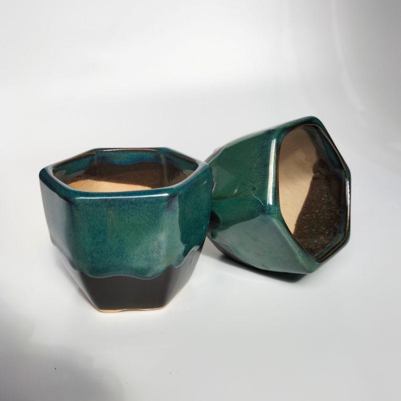 Chậu sứ trồng cây mini miệng lục giác để bàn, men hỏa biến bóng đẹp