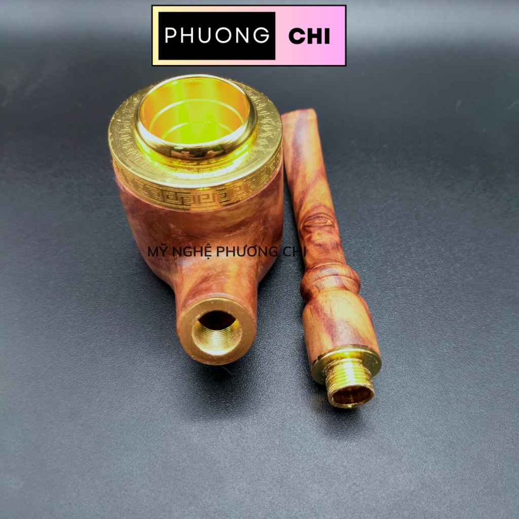 Tẩu Bắt Tóp Xì_Gà Cong Dài Bằng gỗ Xu'a Đầu Đồng Mạ Va'ng Ring 42-60 - Quà Tặng Ý Nghĩa Dành Cho Nam Giới | Mỹ Nghệ Phương Chi