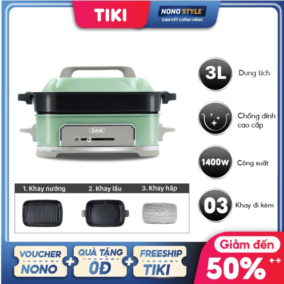 Nồi Đa Năng Cao Cấp Gevi GEMFC703-V - Có 3 khay hấp, nướng, lẩu dung tích 3L riêng biệt - Hàng Chính Hãng