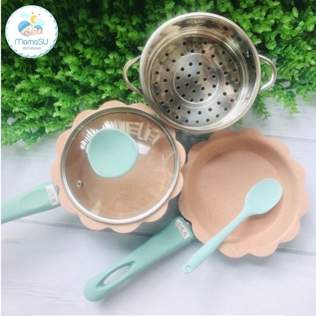 BỘ NỒI, CHẢO ĐÁ HÌNH HOA KÈM LỒNG HẤP CAO CẤP