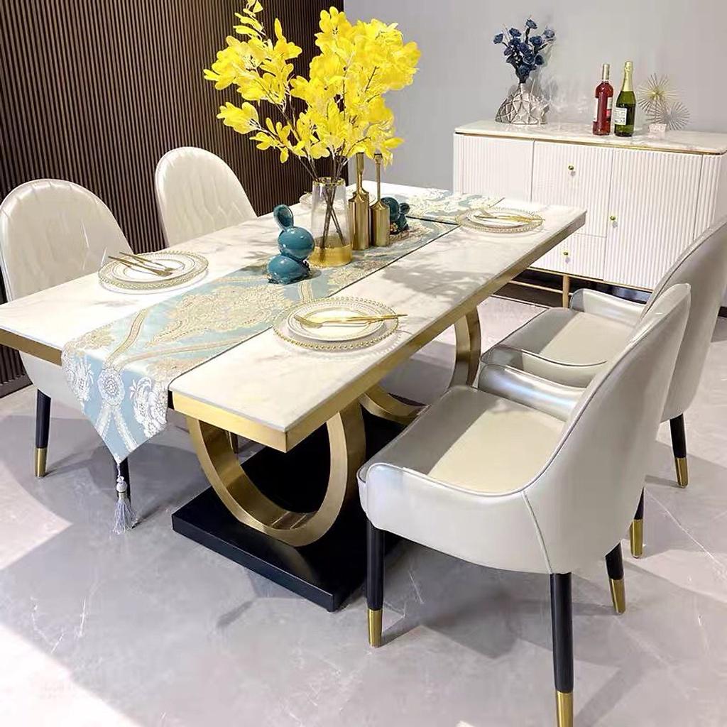 Bộ bàn ăn mặt đá Cẩm thạch nhân tạo khung inox mạ vàng kết hợp ghế Monet phong cách Bắc Âu