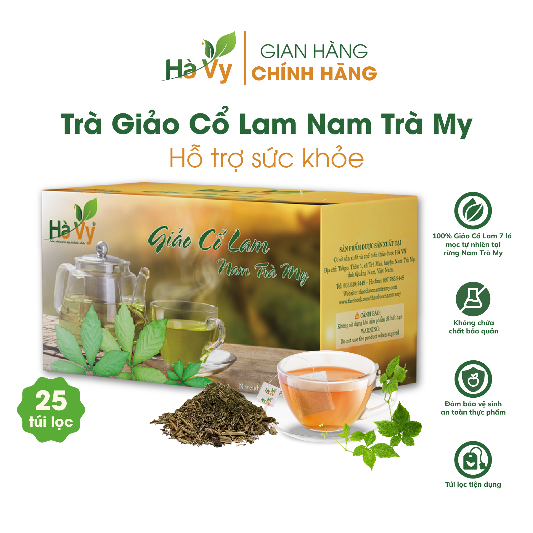 Trà Giảo Cổ Lam Nam Trà My Hà Vy cải thiện giấc ngủ, phòng tai biến, hỗ trợ giảm cân hiệu quả (hộp 25 túi lọc x 2g)