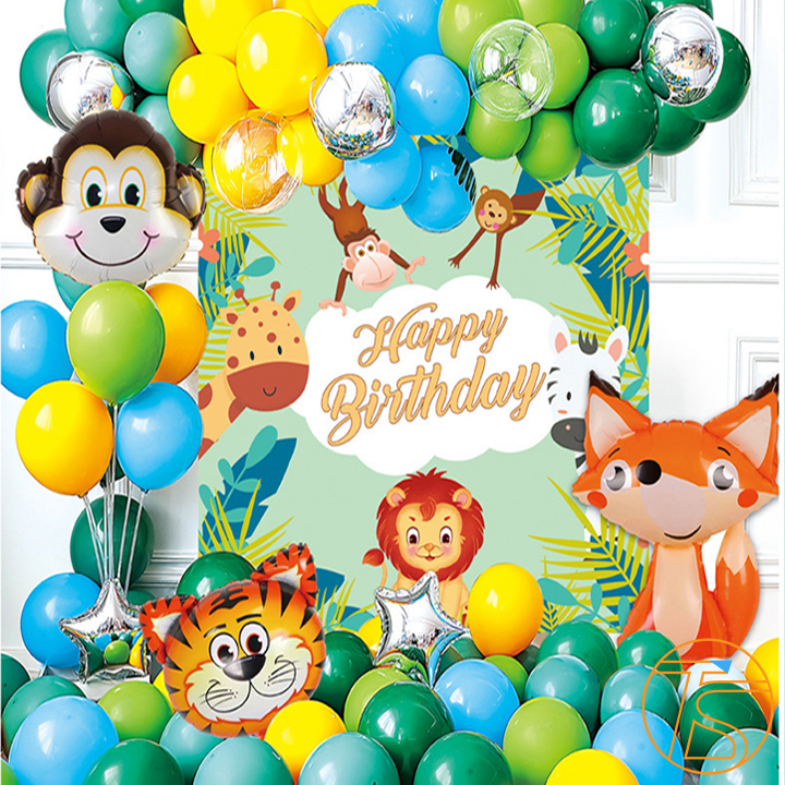 Bộ trang trí sinh nhật happy birthday khu rừng thú cho bé - Sét bong bóng trang trí tiệc thôi nôi, đầy tháng cho trẻ