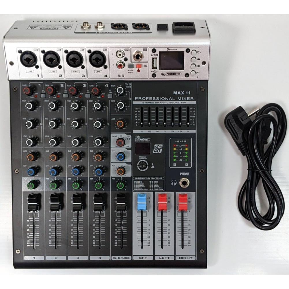 Bàn trộn âm thanh- Mixer Max 11 - 6 kênh (4 mono, 2stereo) kết nối Bluetooth,USB - 99 hiệu ứng vang - Tích hợp nguồn 48v