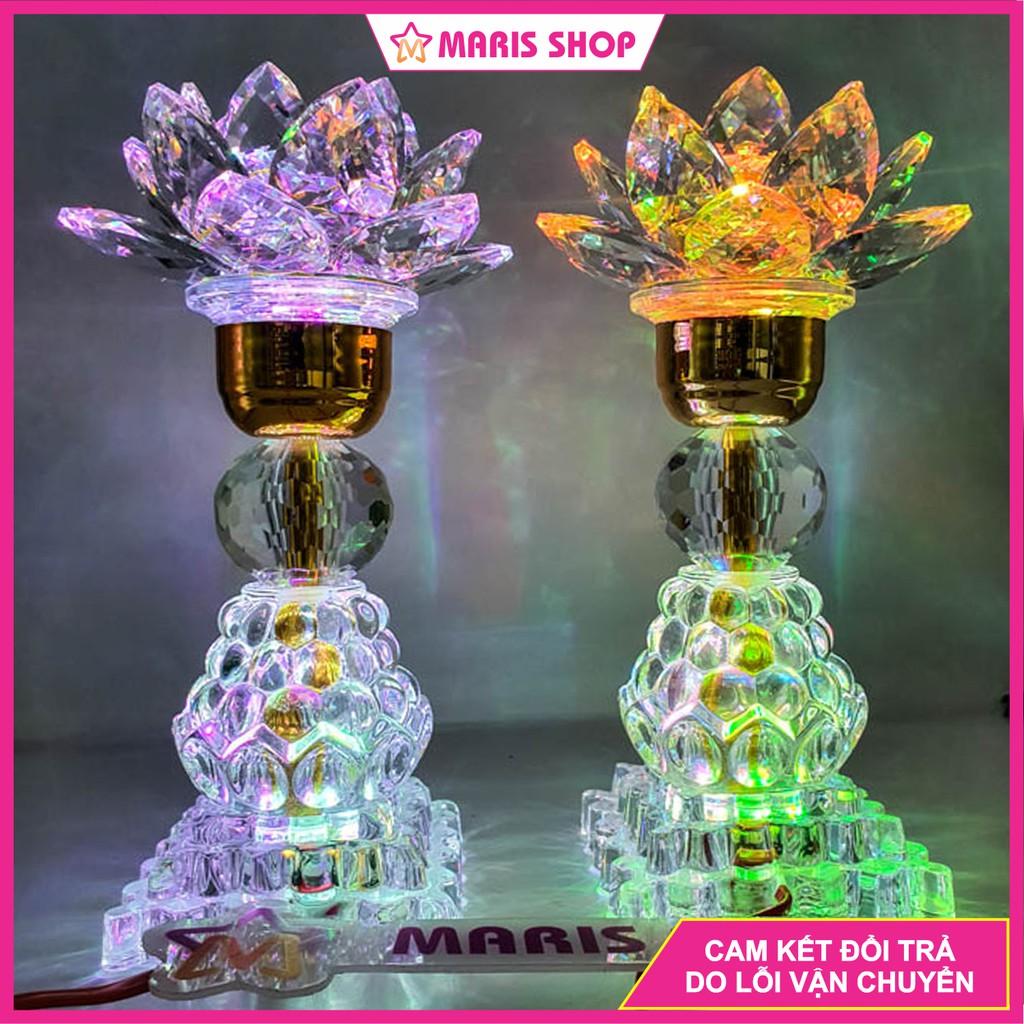 Đèn bàn thờ hoa sen pha lê cao cấp nguyên khối LED đổi màu tự động cao 25cm