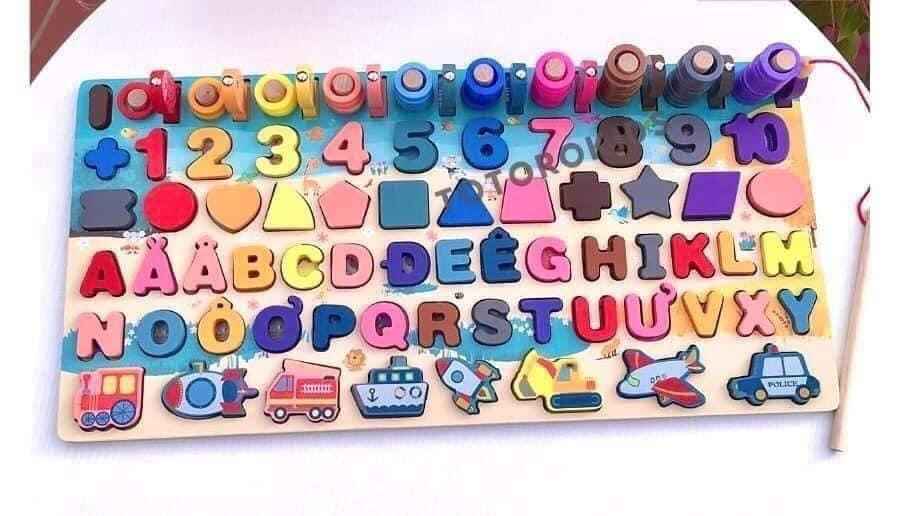 Đồ Chơi Gỗ, Bảng Chữ Cái 6in1, Đồ Chơi Câu Cá, Ghép Hình Học, Chữ Số, Chữ Cái, Phương Tiện
