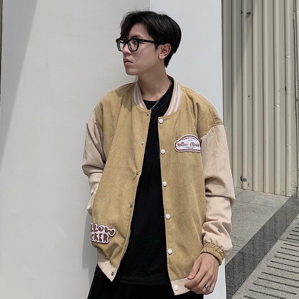 Áo Khoác Bomber Bóng Chày Nhung Gân YELLOW FLICKER Form Rộng 2 Lớp Unisex Nam Nữ Phong Cách Hàn Quốc Ulzzang