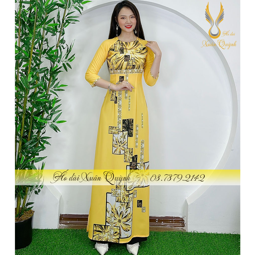 Áo Dài Hoạ Tiết Hoa Khối Trape Màu Vàng Thanh Lịch, Trẻ Trung Lụa Habutai Cao Cấp K73