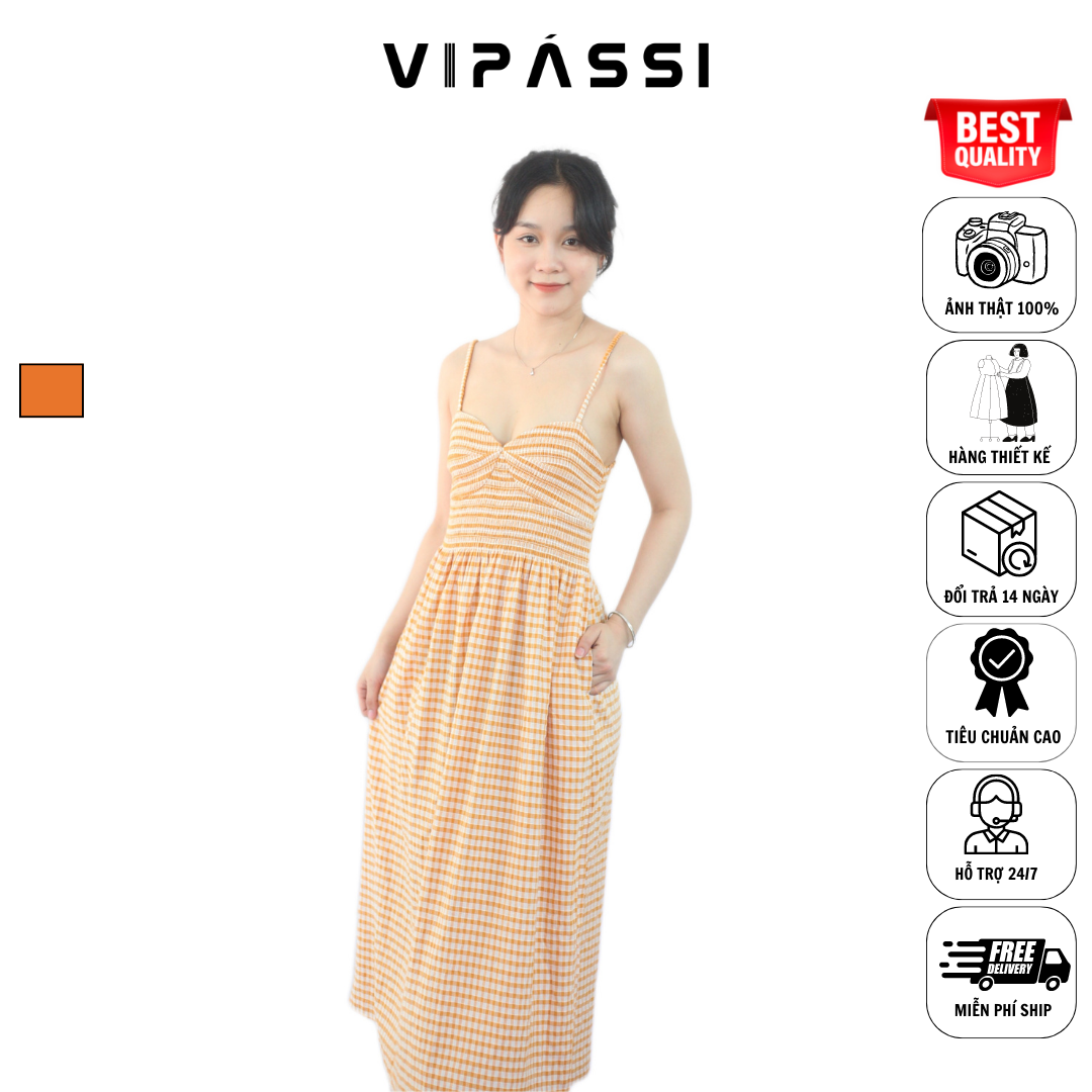 VIPÁSSI- Đầm Hai Dây Ca Rô Cam Có Túi Ôm Body