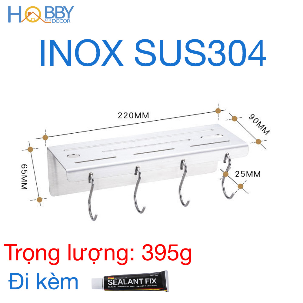 Kệ treo dao kéo Inox 304 có 4 móc treo dán tường Hobby home decor KDT