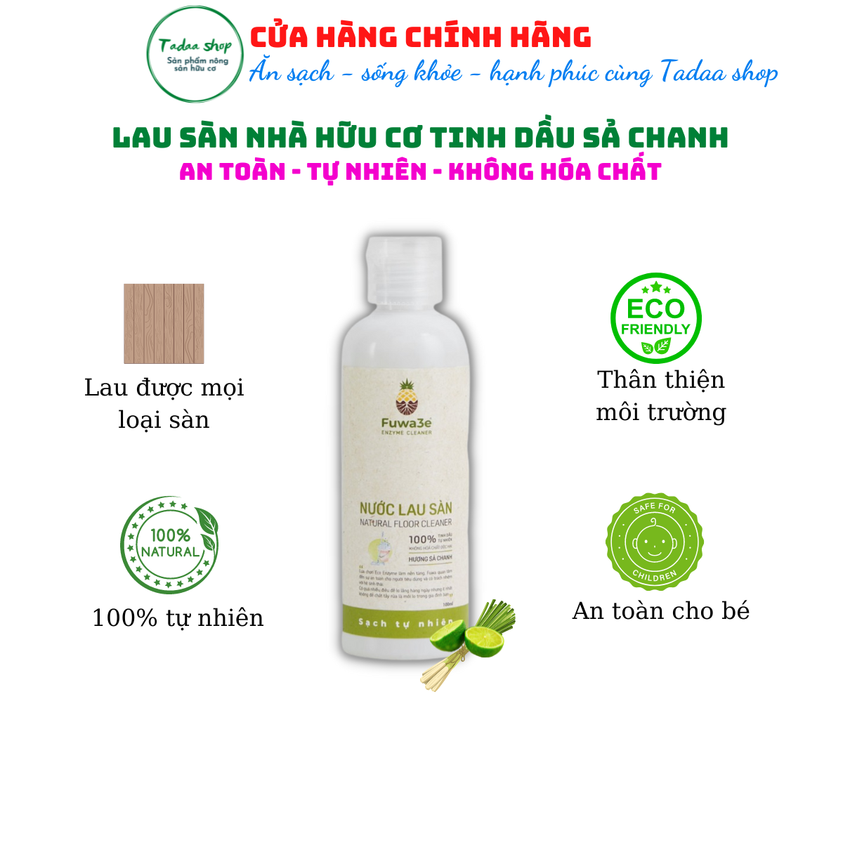 Nước lau sàn Enzyme sinh học Fuwa3e hương sả chanh chai 100ml