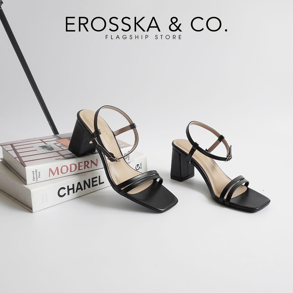 Erosska - Sandal cao gót mũi hở đế vuông phối dây quai mảnh cao 7cm - EB063