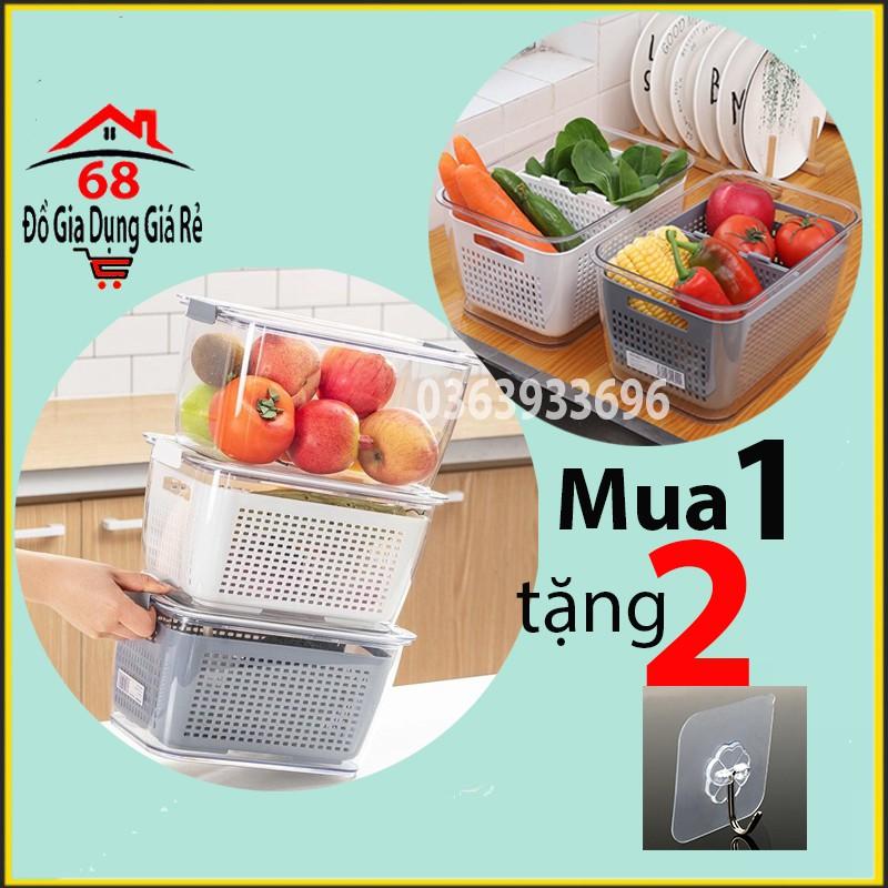 Hộp Nhựa Đựng Thực Phẩm Tủ Lạnh 2 Lớp Có Lỗ Thoát Nước Khóa Thoát Khí Dễ Dàng Bảo Quản Rau Củ Tặng 2 móc dính