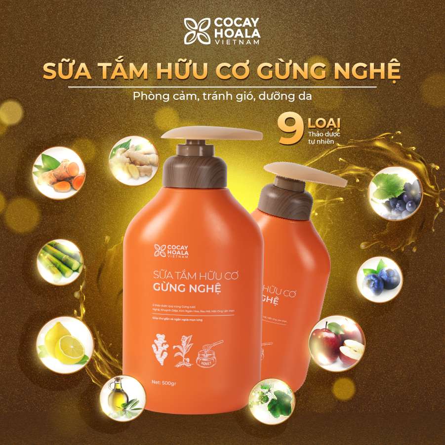 Sữa tắm thảo dược Gừng Nghệ Cỏ Cây Hoa Lá - Chiết Xuất Từ 9 Loại Thảo Dược Quý - Phòng Cảm, Tránh Gió, Dưỡng Da - Cho Con Cho Mẹ, Cho Đại Gia Đình, chai  500gr