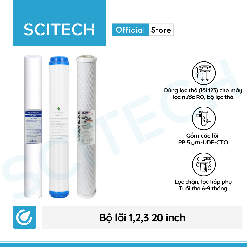 Bộ lõi số 1,2,3 20 inch by Scitech (Lõi PP-UDF-CTO) - Dùng cho máy lọc nước RO, bộ lọc thô - Hàng chính hãng