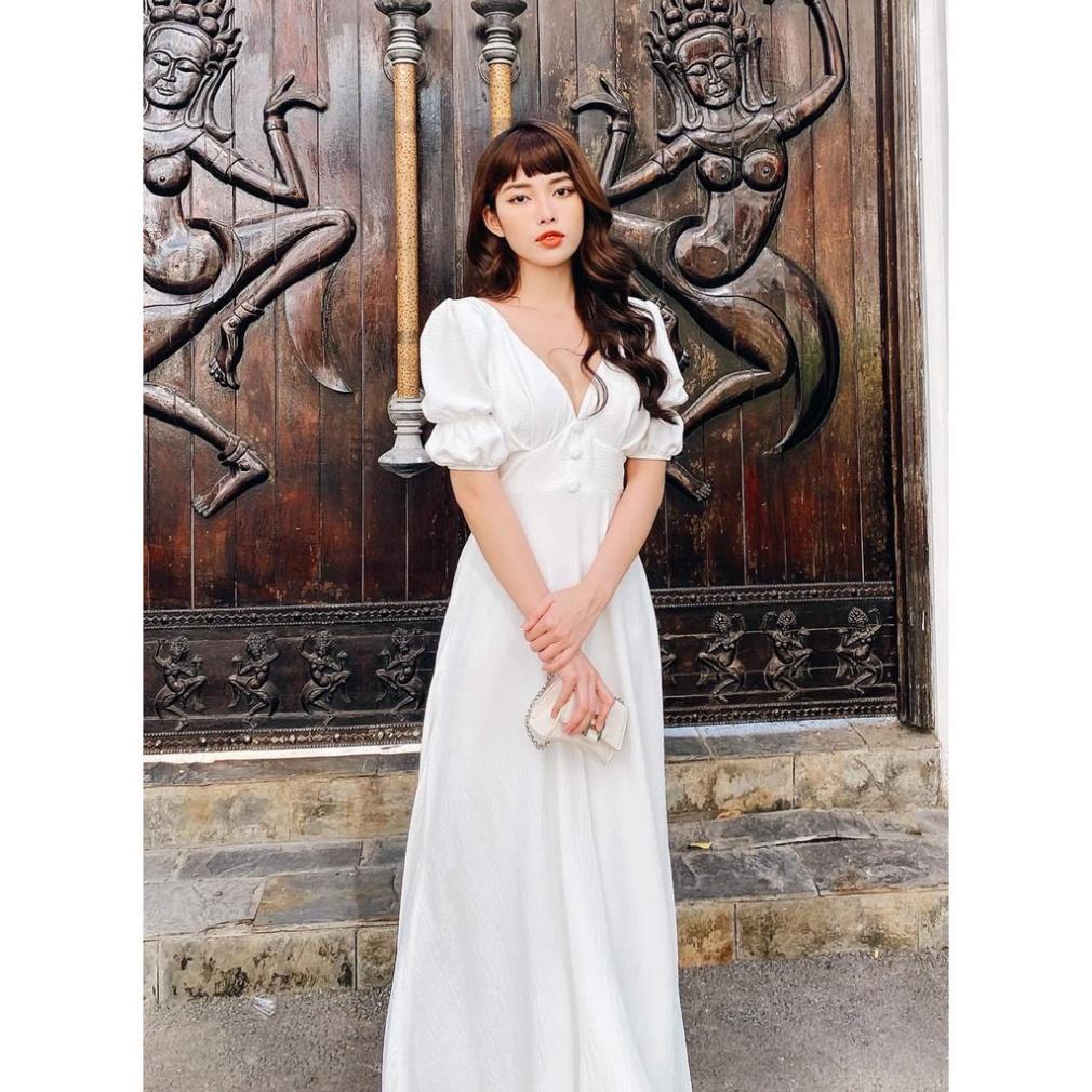 Đầm maxi trắng voan lụa mềm xòe dài cổ V tay phồng chiết eo tay ivy fashion đi biển dự tiệc dạo phố bigsize gợi cảm